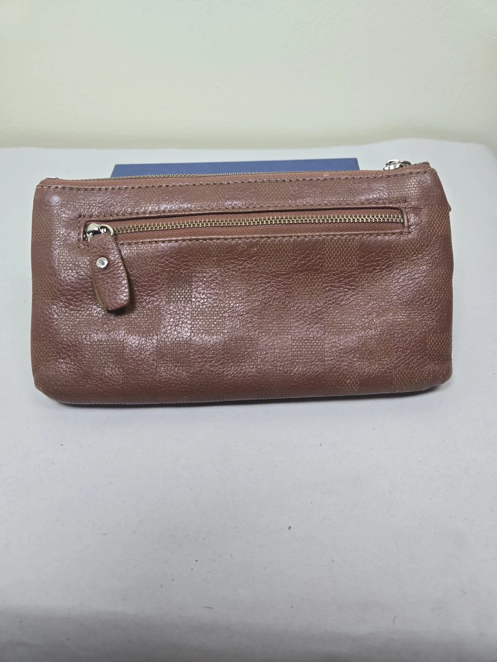 Vintage Louis Vuitton Brown Leather Zip Pouch with Chain Charm - Needs TLC